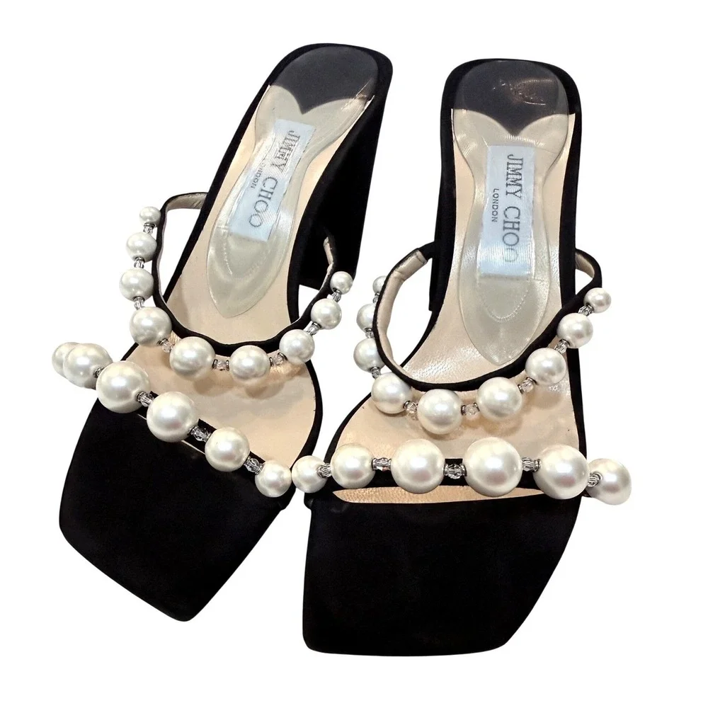 Jimmy Choo Sandals Amara 85 Black Suede Pearl  Block Heel‎ Size 40/US 10